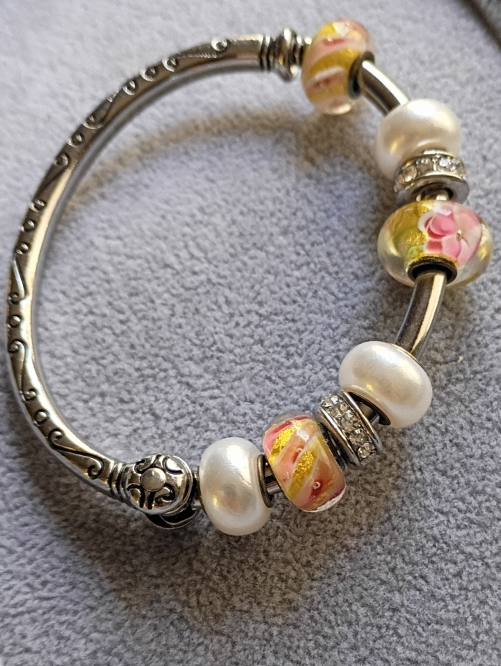 Silver Charm Bangle Bracelet with Pink Floral and Pearl Beads